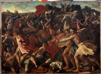 ""Vítězství Jozue nad Amalekity"" během bitvy mezi Izraelity a Amalekity - obraz Nicolase Poussina (1594-1665), cca 1624-1625. Olej na plátně. Francouzské umění, barokní styl. M
