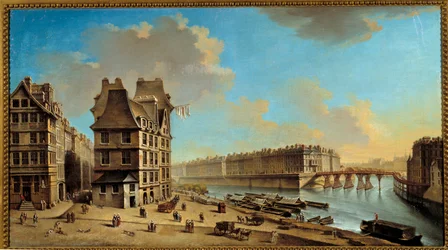 Quai de la Greve, Île Saint Louis a Pont Rouge viděné z Place de Greve Malba od Nicolase Ragueneta (1715-1793) Sun z 18. století. 0,46x0,84 m Paříž, Musee Carnavalet - Quai de la Greve, Ile Saint-Louis a Pont Rouge při pohledu z
