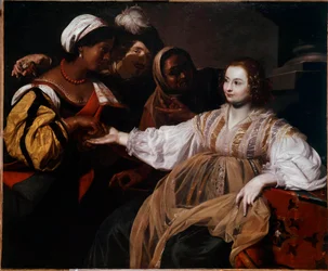 Kartářka Žena se přišla poradit s palmistou. Obraz Nicolase Regniera (1591-1667) Sun. 1,2x1,5m