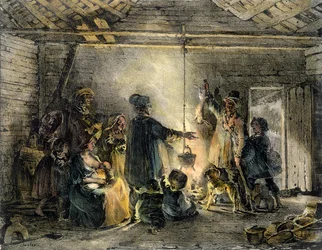 Interiér uhelné chýše, vyrytý Godefroyem Engelmannem (1788-1839) 1829