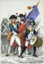 Vlast v ohrožení: Dobrovolníci z první republiky (1792-1799) odcházející do války (kolorura)