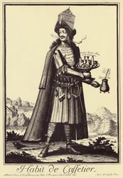 Caffettier: "Habit de Caffettier" (Kávovar nebo obchodník s kávou, čokoládou, čajem, likéry) Satirická kresba z "Costumes Grotesques" Nicolase de Larmessina (1640-1725)