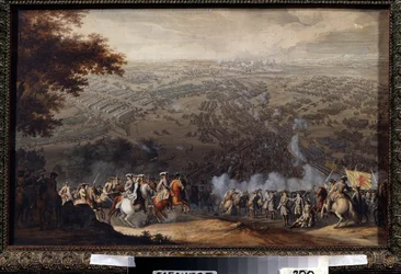 Bitva u Poltavy 27. června 1709. V bitvě se utkala švédská armáda Karla XII. proti armádě ruského cara Petra Velikého během Velké severní války (1700 až 1721). Obraz od Nica