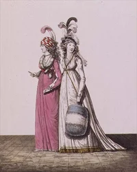 Večerní šaty, fíky. 34 a 35, z „Galerie módy“, svazek I, prosinec 1794 (tisk)