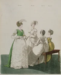 Čtyři dívky v plesových šatech z „Gallery of Fashion“ od N. Heideloffa, duben 1800