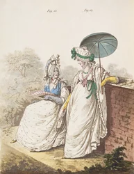 Ranní šaty, fíky. 111 a 112 z „Galerie módy“ Nikolause Heideloffa, svazek II, září 1796 (tisk)