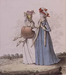 Ranní šaty, fíky. 78 a 79 z „Galerie módy“ Nikolause Heideloffa, svazek II, prosinec 1795 (tisk)