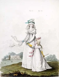 Matka a dítě v ranních šatech z „Galerie módy“ Nikolause Heideloffa, svazek II, srpen 1795 (tisk)