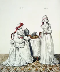 Dvě dámy u snídaně v jejich šatně, v nočních čepicích a peignoir, z „Galerie módy“ Nikolause Heideloffa, svazek I, listopad 1794