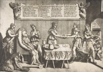 Ctihodná zahálka, královna Země hojnosti, tlustá žena sedící na pojízdné toaletní židli, která je..., 1565