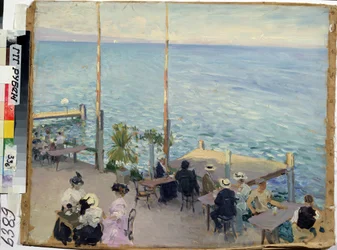 Ženevské jezero, Ženeva (Švýcarsko), kavárna. (Ženevské jezero. Kavárna). Malíř Nikolaje Alexandroviče Klodta (1865-1918), olej na plátně