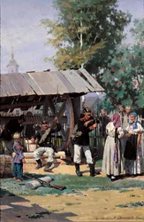 Ruští vojáci v venkovské vesnici, 1877