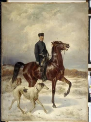 Lovec (The Hunter). Na koni a v doprovodu svých barzojských psů (ruský chrt). Obraz Nikolaje Jegoroviče Sverčkova (Nicolas Swertschkoff) (1817-1898), olej na plátně. ruské umění