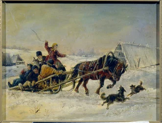 Masopust (masopust). (Po slavnosti doprovází žena opilé muže na saních tažených koňmi). Obraz Nikolaje Jegoroviče Sverčkova (Nicolas Swertschkoff) (1817-1898), olej na plátně. ruské umění
