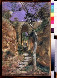 "" Le pont de Vico (Corse?) "" Peinture de Nikolai Ge (Gay) (1831-1894) 1858 Rozměr. 45,5 x 30 cm Státní Treťjakovská galerie, Moskva