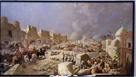 Ruská armáda napadla Samarkand (Uzbekistán) (Ruská armáda napadla Samarkand). Období ruské expanze do střední Asie, Rusové dobyli Samarkand v roce 1868. Obraz Nikolaje Nikolajeviče Karasina (1842-1908), olej na plátně 1888. Umění