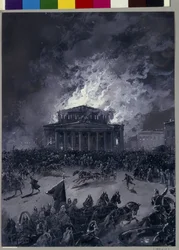 Požár Velkého divadla v Moskvě (Rusko), 11. března 1853 (Přesun davu před budovu a příjezd hasičů) - Dílo Nikolaje Nikolajeviče Karasina (1842-1908), kvaš na papíře - ruské umění, 2. polovina 19. století - sv