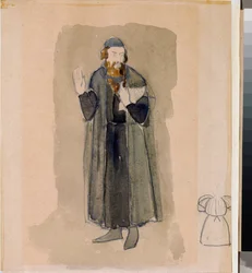 Přípravný kostým, lichvář, pro divadelní hru "Avarský rytíř"" od Alexandra Puškina (1799-1837) (Návrh kostýmů pro divadelní hru Lakomý rytíř od A Puškina) - Dílo Nikolaje Pavloviče Uljanova (Ulyanov) (1875 -1949), tužka a