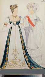 Přípravné kostýmy, dvě ženy, pro operu "Eugene Oneguine"" od Piotra Čajkovského (1840-1893), tužka a akvarel na papíře