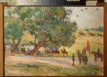 Vojenské manévry v okolí Moskvy (Manévry u Moskvy) - Práce Nikolaje Pavloviče Uljanova (Ulyanova) (1875-1949), olej na kartonu
