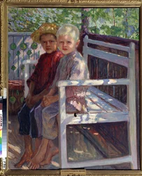 Děti (Děti). Dvě děti, jedno s blond vlasy, druhé s hnědými vlasy, sedí bosé na lavičce na slunci. Obraz Nikolaje Petroviče Bogdanov Belsky (Bogdanov-Belsky) (Bogdanov Belsky) (Bogdanov-Belsky) (1868-1945). Olej na plátně