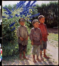 Garzons pausans (selští chlapci). Peinture de Nikolai Petrovič Bogdanov Belsky (Bogdanov-Belsky) (Bogdanov Belsky) (Bogdanov-Belsky) (1868-1945). Huile pane Toile