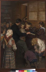 Hodina zpěvu na vesnické škole (učitel hraje na harmonium) od Bogdanova-Belského, Nikolaje Petroviče (1868-1945). olej na plátně