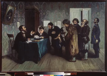Rozhodčí soud v provinciích. Každodenní scéna spravedlnosti. Obraz Nikolaje Petroviče Zagorského (1849-1893), olej na plátně