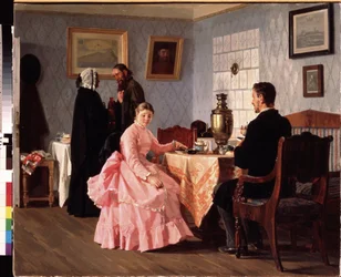 Dohazování. Setkání organizované u šálku čaje, pro organizaci svatby mladého páru. Obraz Nikolaje Vasiljeviče Nevreva (1830-1904), olej na plátně