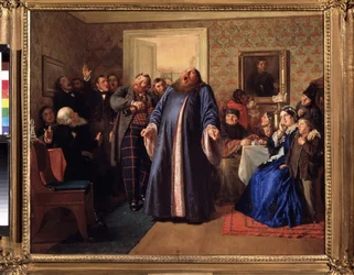 Protodiakon na svátku obchodníků. Obraz Nikolaje Vasiljeviče Nevreva (1830-1904), olej na plátně, kolem roku 1860. Ruské umění 19. století. Státní Treťjakovská galerie, Moskva