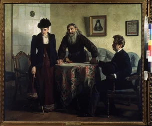 Remonstrance (Napomenutí). Pár v manželské krizi navštíví pravoslavného kněze a dostane lekci mravního chování. Obraz Nikolaje Vasiljeviče Nevreva (1830-1904), olej na plátně