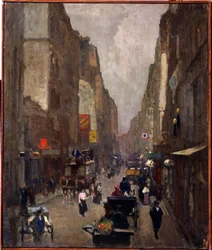 Rue Saint Denis v Paříži (Rue Saint Denis v Paříži). Obraz Nikolaje Vasiljeviče Dosekina (1863-1935). Olej na plátně, 81,5 x 67,5 cm