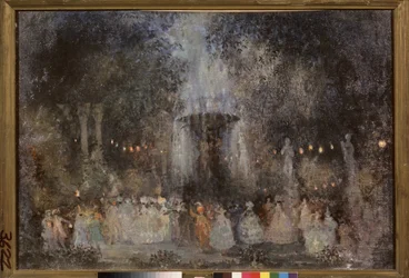 Maskovaný míč. Dílo Nikolaje Nikolajeviče Sapunova (Sapunov) (1880-1912), tempera, stříbro a bronz na kartonu