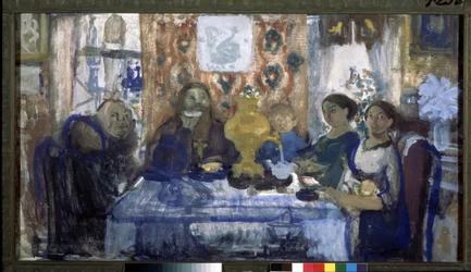 Pít čaj. Rodina se shromáždila u stolu se samovarem uprostřed. Dílo Nikolaje Nikolajeviče Sapunova (Sapunov) (1880-1912), tempera na kartonu