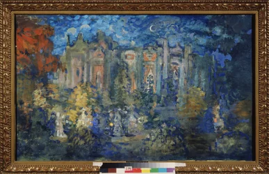 Noční párty. Dílo Nikolaje Nikolajeviče Sapunova (Sapunov) (1880-1912), tempera na kartonu, kolem 1900. Ruské umění, 20. století, symbolika. Státní muzeum umění A. Radishchev, Saratov (Rusko).