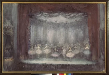 Balet. (Divadelní scéna s baletkami v tutovce). Dílo Nikolaje Nikolajeviče Sapunova (Sapunov) (1880-1912), tempera, křída, stříbro a bronz na kartonu