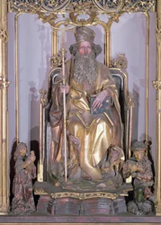 Isenheimský oltář, Svatý Antonín Poustevník detail svatého Antonína, zlatá barva na dřevě cca 1490