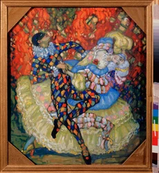 Harlequinade (Harlequinade) - Dílo Nikolaje Nikolajeviče Černov Krauze (Černov-Krauze) (1875-1941), tempera na kartonu