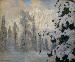 Lovecké lyžování (olej na plátně)