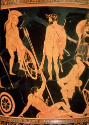 Herakles a řečtí hrdinové, detail z attického červeného kalicha-krateru, kolem 490 př. n. l. (keramika) (viz také 92577 a 19106)