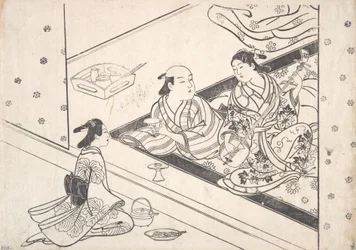 Dáma hrající Shamisen se svým milencem a doprovodem poblíž.