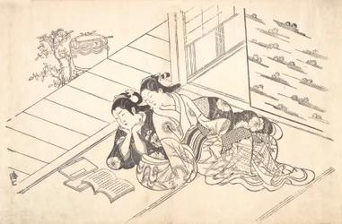 Dvě ženy ležící na podlaze pokoje a čtoucí knihu, ca. 1730, ca. 1730.