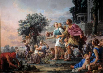 Liberálnost Cimona Athénského zve lidi, aby si vzali plody jejich zahrady. Obraz od Christmas Halle (1711-1781)