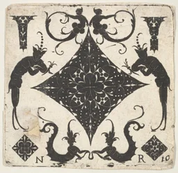 Konkávní panely ve tvaru pastilky a groteskní postavy, ca. 1620-30.