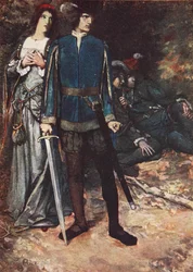 „Odvažuji se tě, ale dýchnout na mou lásku“, Dva pánové z Verony, dějství V, scéna 4, ilustrace z „Příběhů ze Shakespeara“ od Charlese a Mary Lambových