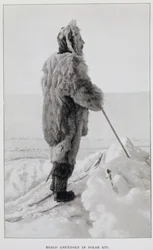 Roald Amundsen v polární výstroji, z knihy "Jižní pól...", vyd. 1912 (litografie)