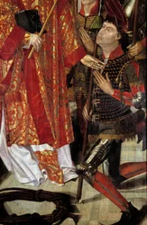Svatý Vincent, patron Lisabonu Polyptych Svatého Vincenta ze Zaragozy obklopený eveques rytíři. Detail. Obraz připisovaný Nuno Goncalvesovi nebo Gonzalvezovi (15. století) Národní muzeum starověkého umění, Lisabon.