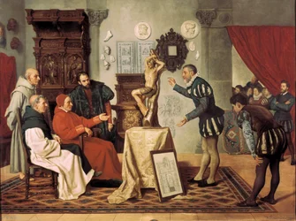Malíř Alonso Berruguete (1480-1561) navštíví kardinála Juana Parda de Tavera (1472-1545) (malba)