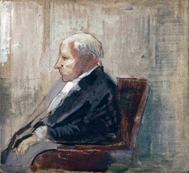 Sedící muž - Obraz Odilona Redona (1840-1916), olej na kartonu (21,9x23,5 cm), cca 1910 - MOMA (Muzeum moderního umění), New York (USA)