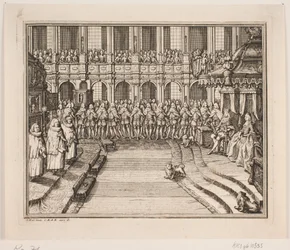 Král Frederik V. a královna Luisa během obřadu pomazání v kostele zámku Frederiksborg. Ilustrace k aktu pomazání Frederika IV.